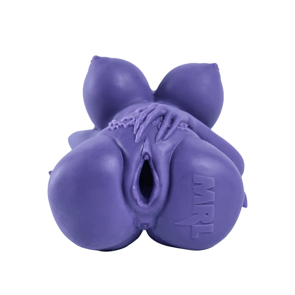 Image of Bottom detail of Aruna onahole showing vaginal opening and MRL logo on purple silicone sculpt